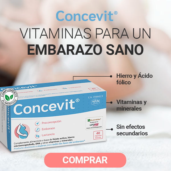 Banner con caja de Concevit, vitaminas para un embarazo sano