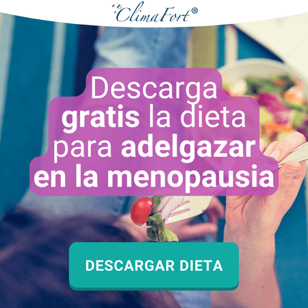 Banner con la dieta para adelgazar en la menopausia con mujer comiendo ensalada