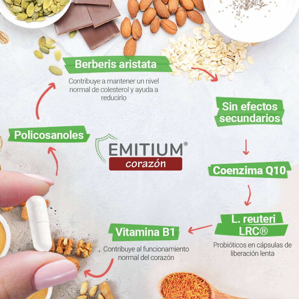 EMITIUM Corazón es un complemento alimenticio con probióticos y nutrientes que ayudan a mantener un nivel normal de colesterol