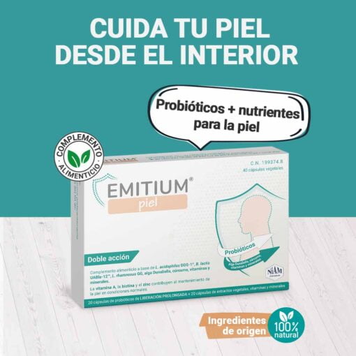 Emitium Piel es un complemento con probióticos y Alga Dunaliella para el cuidado de la piel