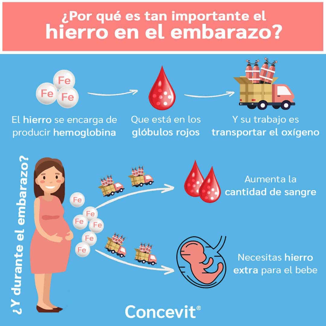 Infografía sobre la importancia del hierro en el embarazo y vitaminas prenatales