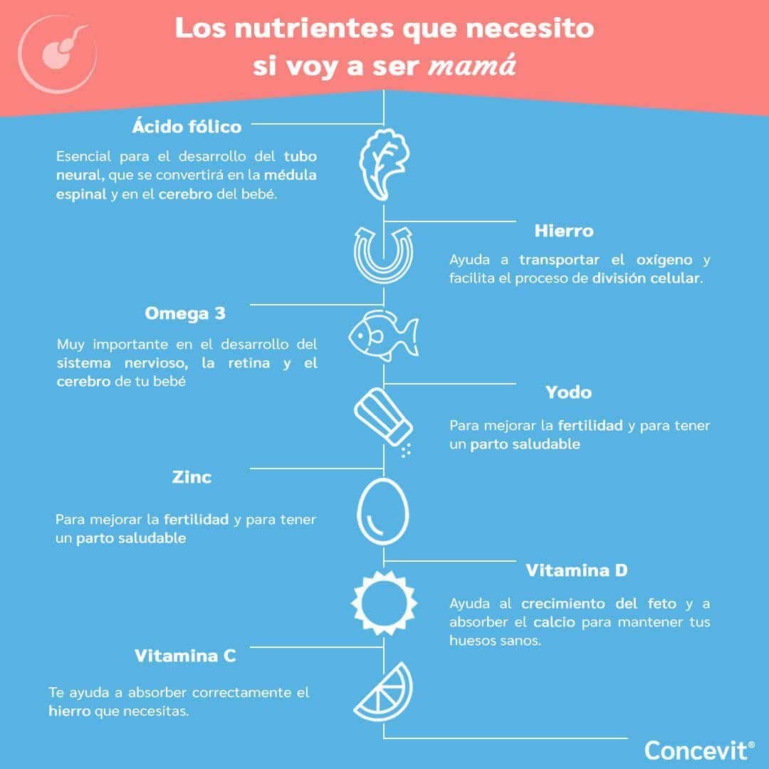 Infografía de nutrientes necesarios para ser mamá y vitaminas prenatales
