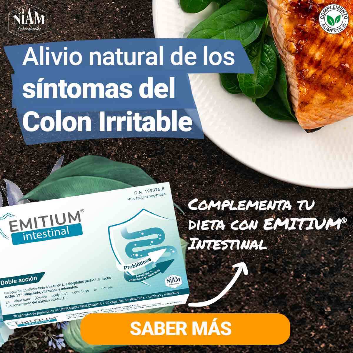 Banner de EMITIUM Intestinal, complemento alimenticio apropiado para combinar en una dieta para colon irritable.