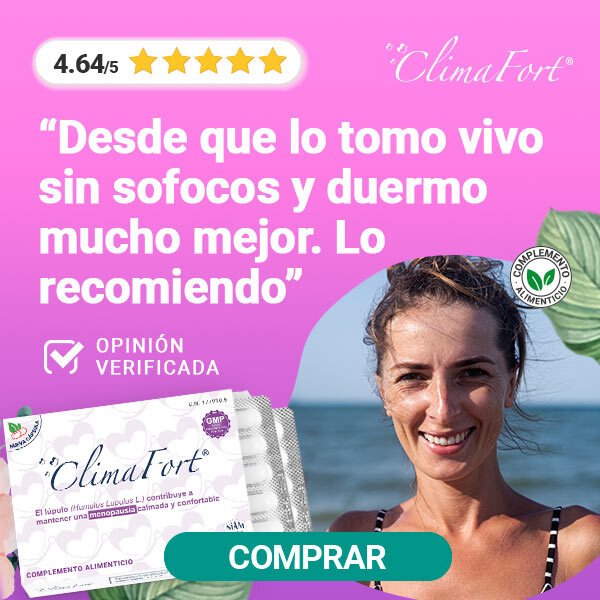 Banner de opinión de ClimaFort, pastillas naturales para la menopausia, con imagen de mujer en el mar