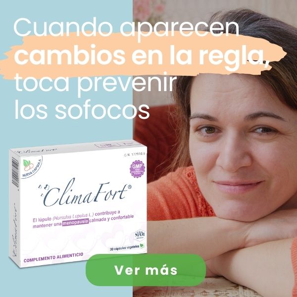 Banner de mujer sonriente con caja de ClimaFort para prevenir los sofocos de la menopausia