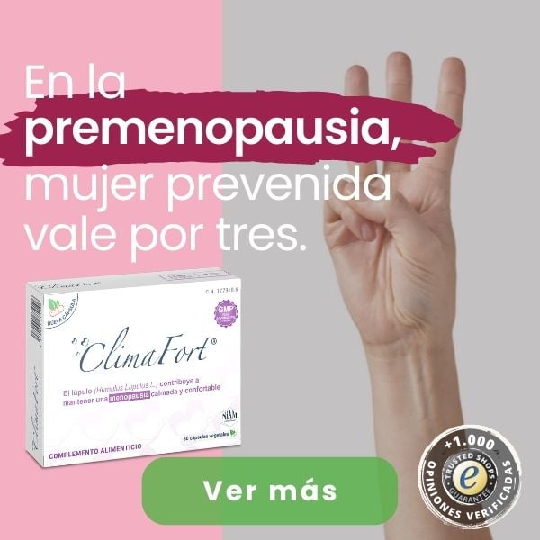 Banner con caja de ClimaFort para los sÃ­ntomas de la premenopausia y mano levantada