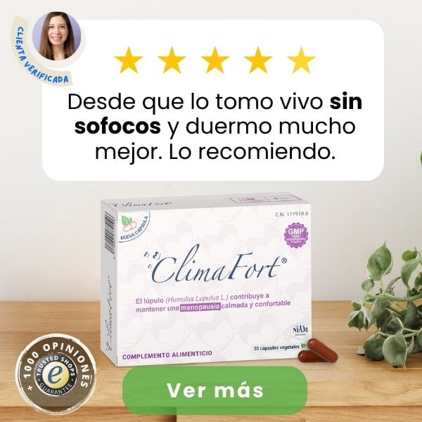 Banner de opinión con caja de ClimaFort para los sofocos de la menopausia