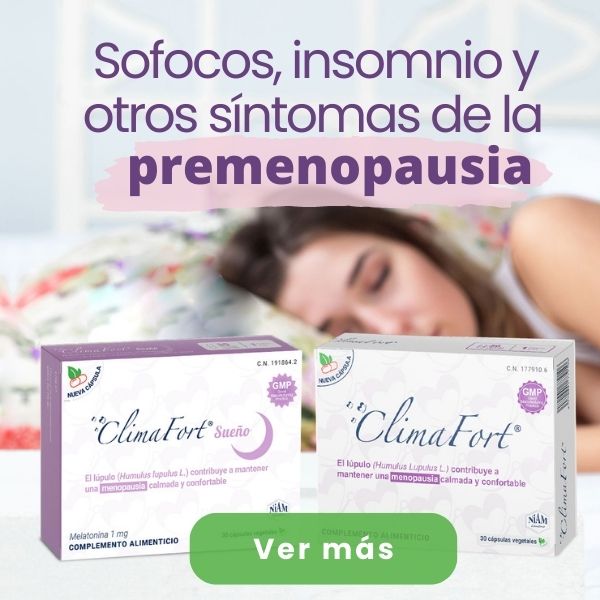 Banner con caja de ClimaFort y ClimaFort Sueño para la premenopausia con mujer durmiendo al fondo