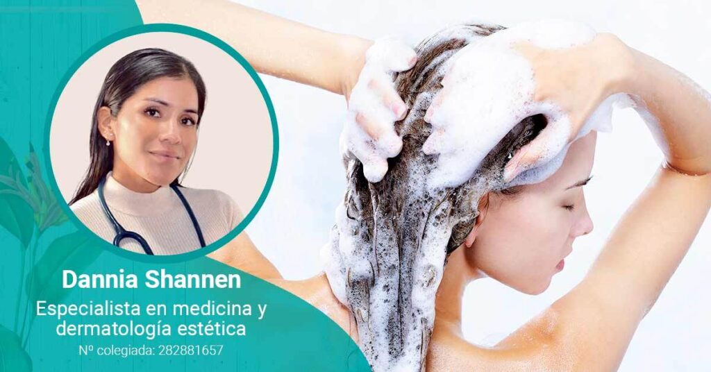 Portada con foto de Dannia Shannen y mujer lavándose el pelo con champú
