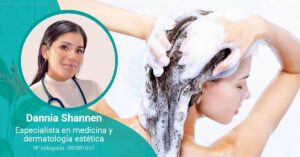 Portada con foto de Dannia Shannen y mujer lavándose el pelo con champú