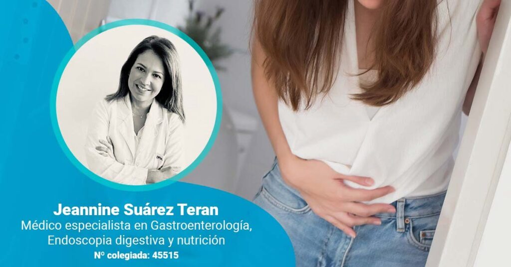 Portada del artículo de causas del colon irritable con foto de la doctora Suárez y mujer al fondo con dolor de vientre