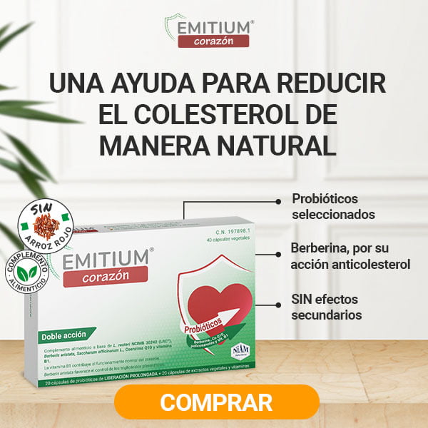 Banner de Emitium Corazón con la caja del producto sobre una mesa y diagrama de sus beneficios