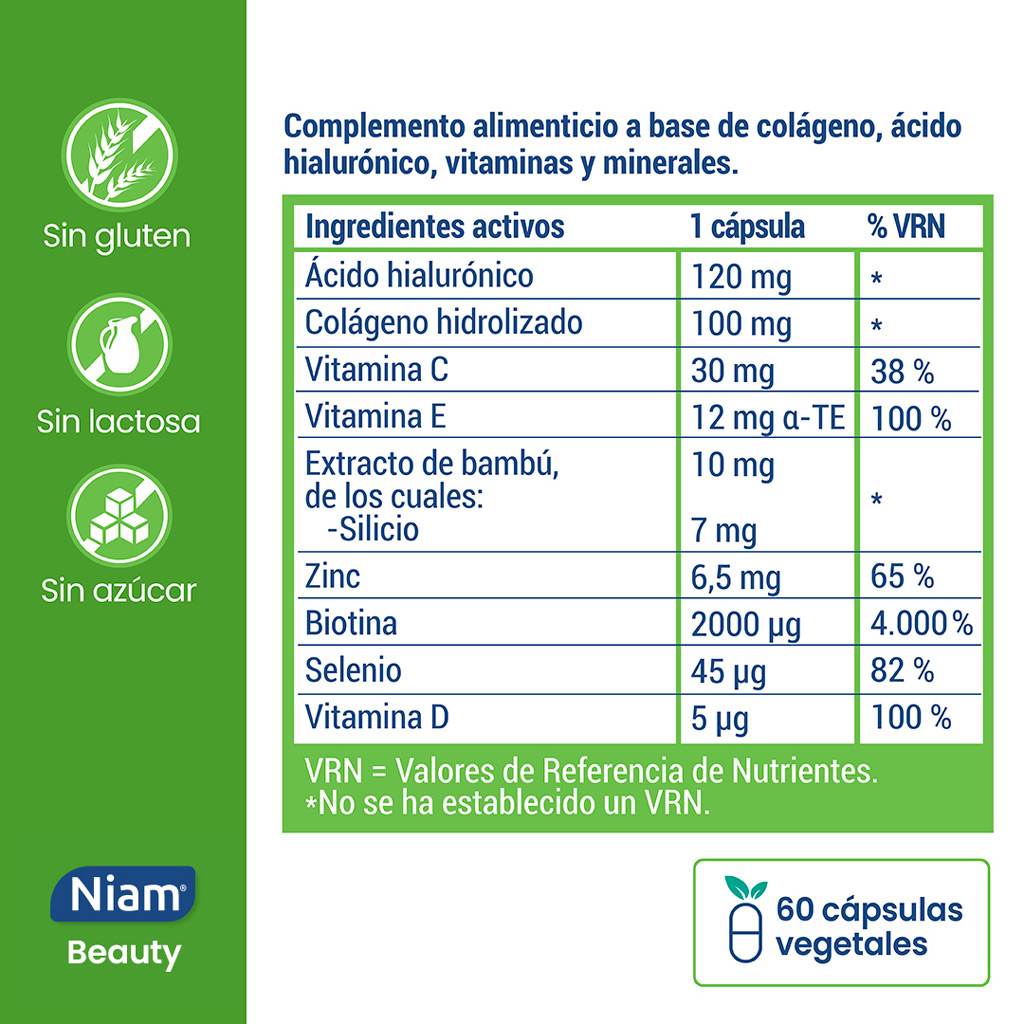 Niam Beauty, complemento alimenticio a base de colágeno, ácido hialurónico, vitaminas y minerales