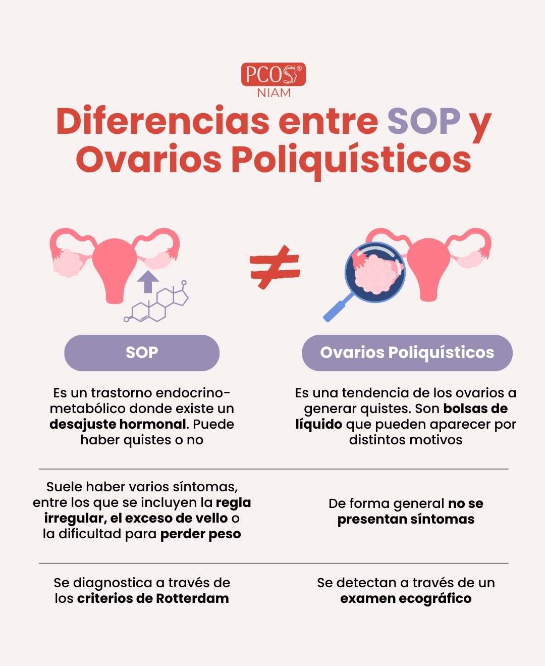 Infografía mostrando las diferencias entre el SOP y los ovarios poliquísticos