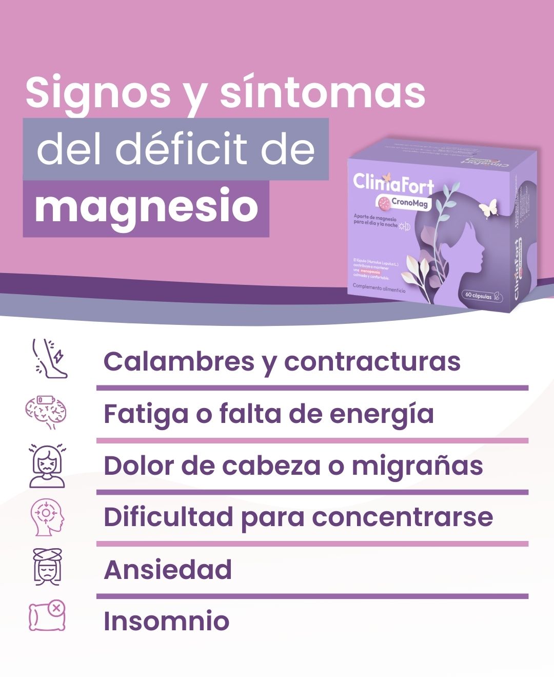 Infografía con los síntomas del déficit de magnesio y caja de ClimaFort CronoMag