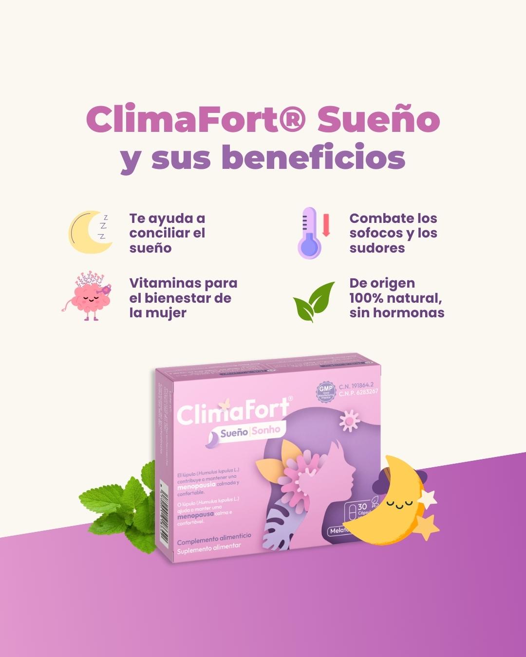 Infografía con los beneficios de ClimaFort Sueño para el insomnio en la menopausia