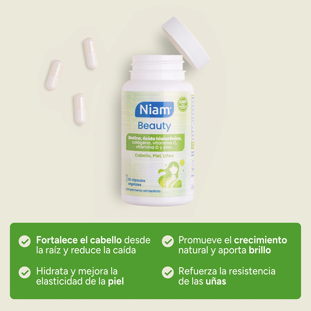 Niam Beauty, suplemento completo para el cuidado de cabello, piel y uñas
